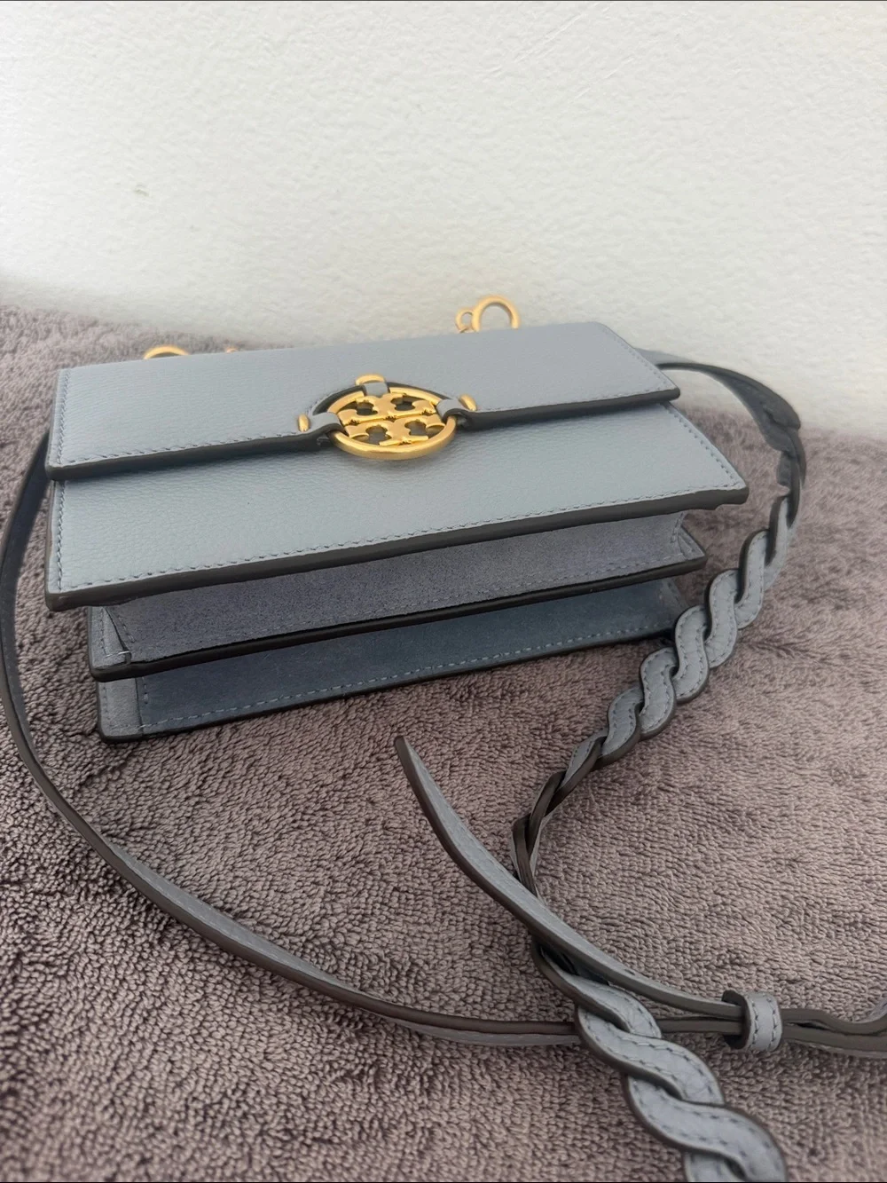 ✨Tory Burch ✨Gray Fleming Mini Crossbody with Gold Hardware in grey blue